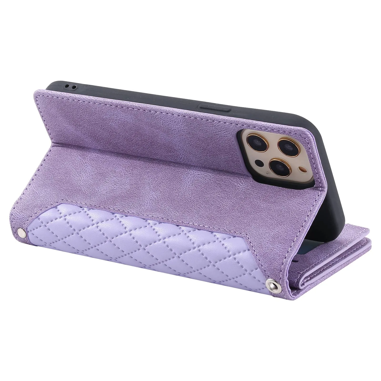 005 Style Anti-scratch Phone Wallet Case for iPhone 12 Pro Max 6.7 inch, Full Protection Rhombus Texture Zipper Pocket PU Leather Mobile Phone Cover Stand with Strap