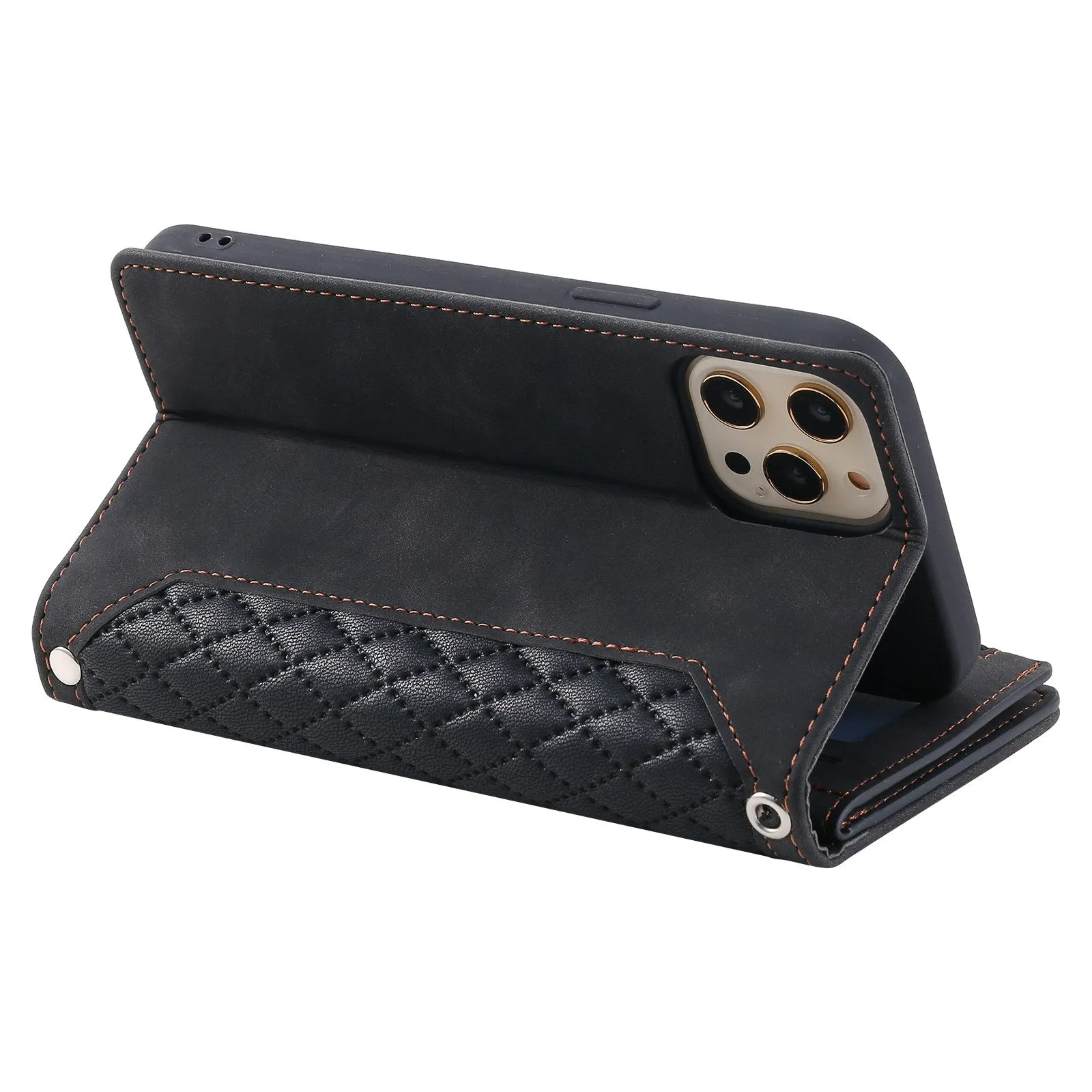 005 Style Anti-scratch Phone Wallet Case for iPhone 12 Pro Max 6.7 inch, Full Protection Rhombus Texture Zipper Pocket PU Leather Mobile Phone Cover Stand with Strap