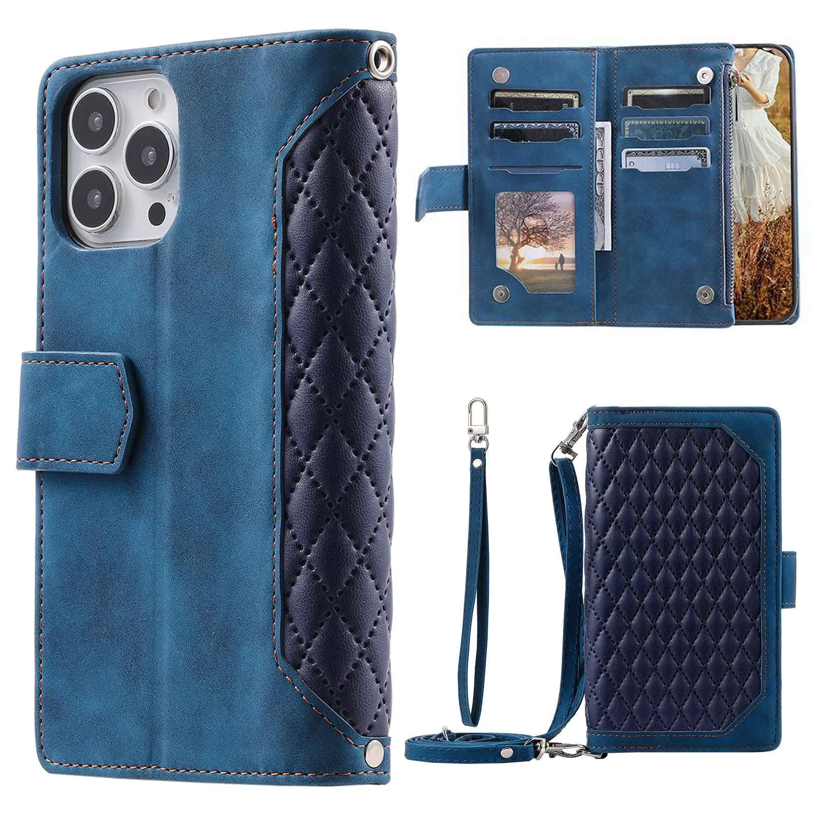 005 Style For iPhone 14 Pro Max 6.7 inch, Drop-proof Phone Flip Wallet Case Stand PU Leather Rhombus Texture Zipper Pocket Anti-scratch Cellphone Cover with Strap