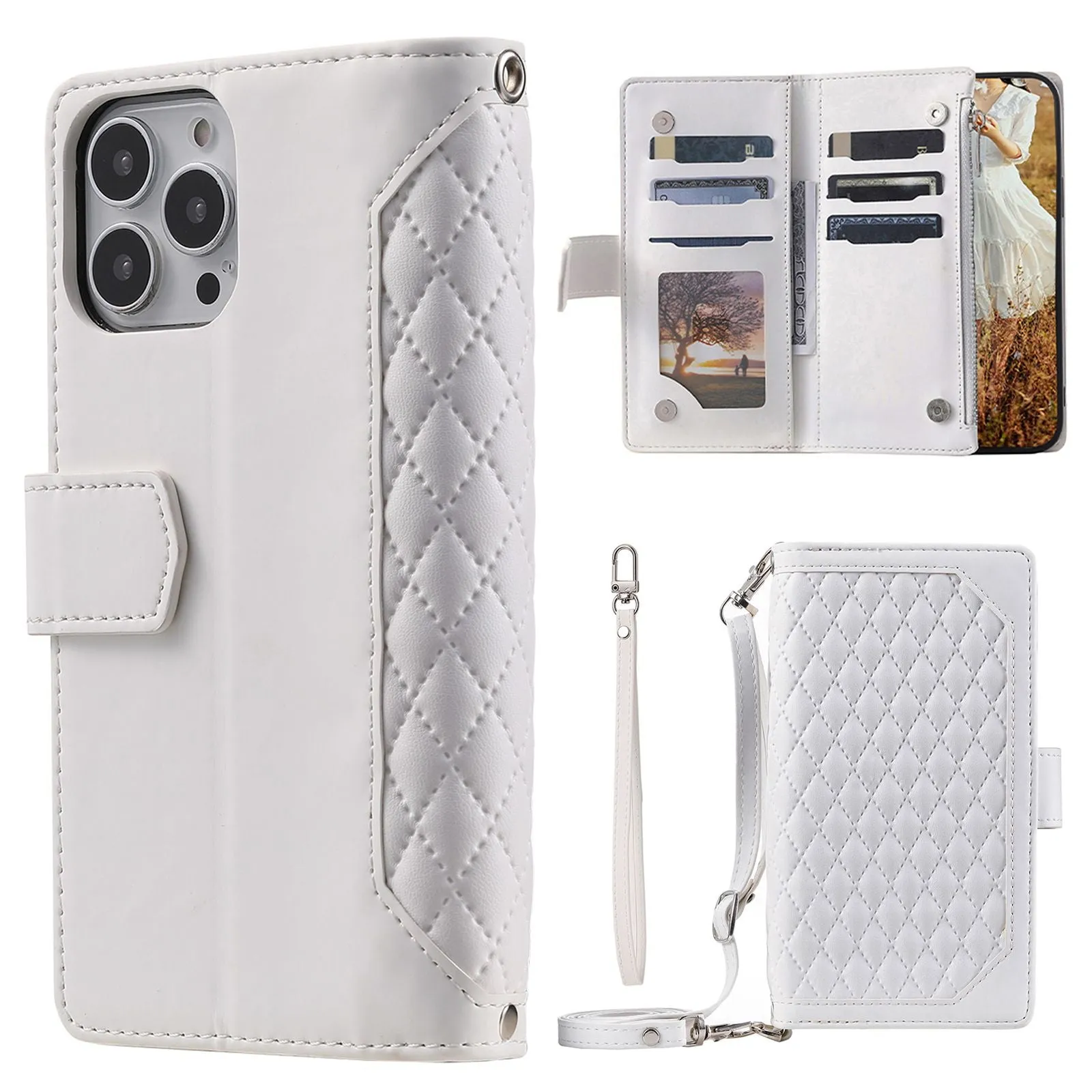 005 Style For iPhone 14 Pro Max 6.7 inch, Drop-proof Phone Flip Wallet Case Stand PU Leather Rhombus Texture Zipper Pocket Anti-scratch Cellphone Cover with Strap