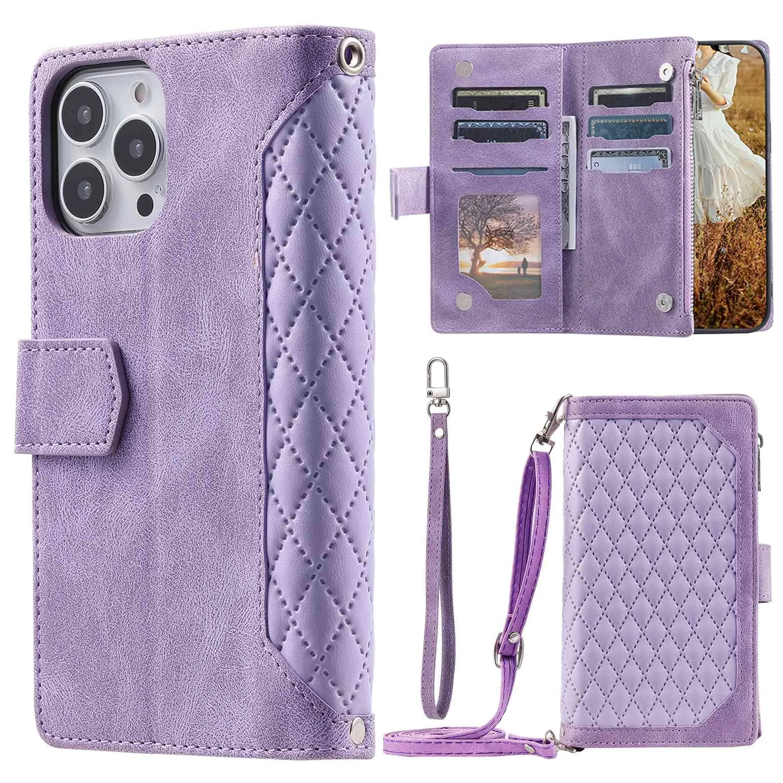 005 Style For iPhone 14 Pro Max 6.7 inch, Drop-proof Phone Flip Wallet Case Stand PU Leather Rhombus Texture Zipper Pocket Anti-scratch Cellphone Cover with Strap