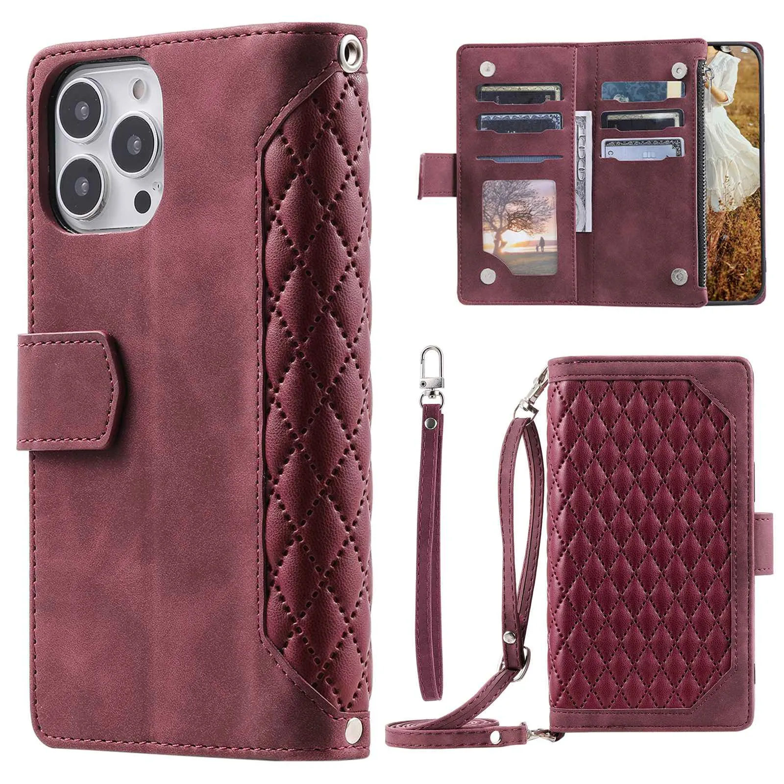 005 Style For iPhone 14 Pro Max 6.7 inch, Drop-proof Phone Flip Wallet Case Stand PU Leather Rhombus Texture Zipper Pocket Anti-scratch Cellphone Cover with Strap