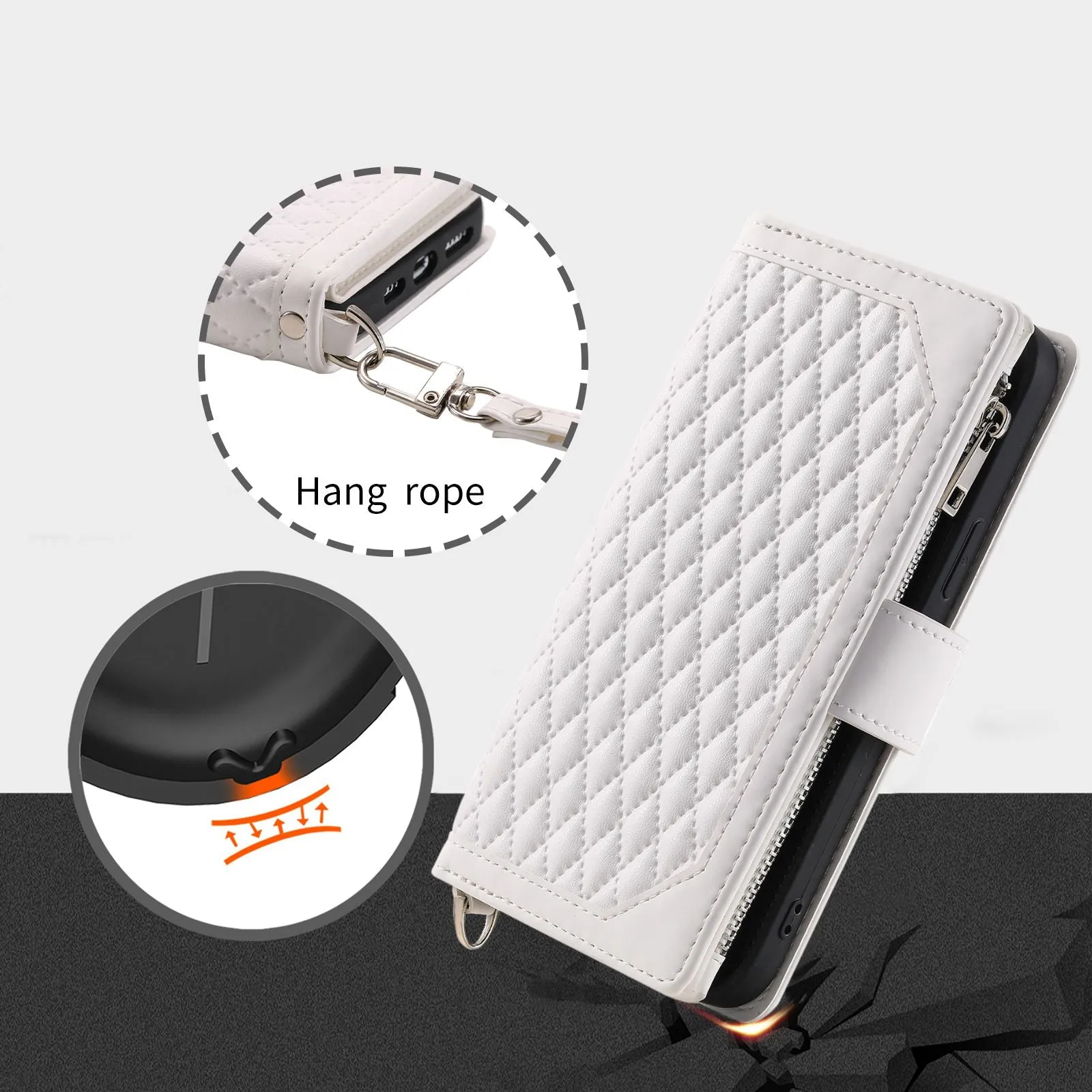 005 Style For iPhone 14 Pro Max 6.7 inch, Drop-proof Phone Flip Wallet Case Stand PU Leather Rhombus Texture Zipper Pocket Anti-scratch Cellphone Cover with Strap