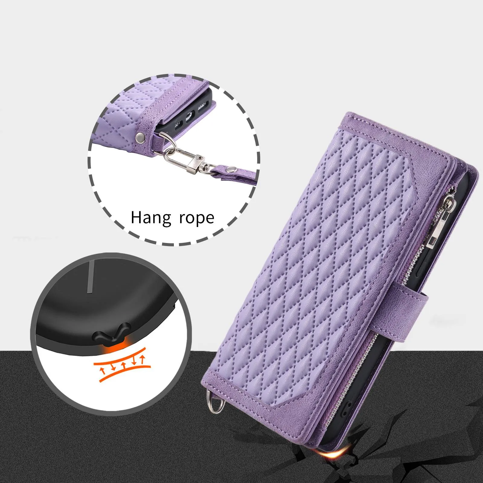 005 Style For iPhone 14 Pro Max 6.7 inch, Drop-proof Phone Flip Wallet Case Stand PU Leather Rhombus Texture Zipper Pocket Anti-scratch Cellphone Cover with Strap