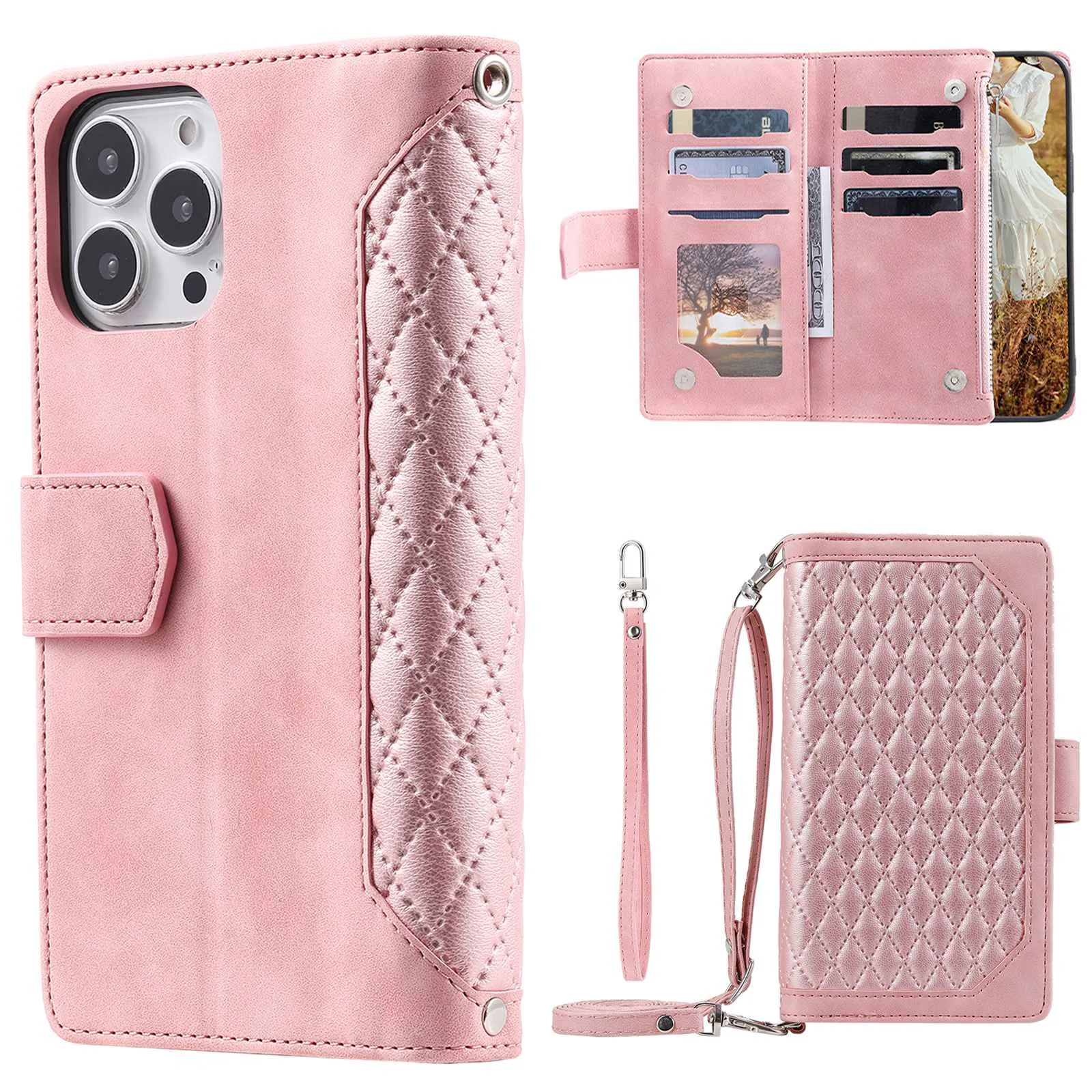 005 Style For iPhone 14 Pro Max 6.7 inch, Drop-proof Phone Flip Wallet Case Stand PU Leather Rhombus Texture Zipper Pocket Anti-scratch Cellphone Cover with Strap