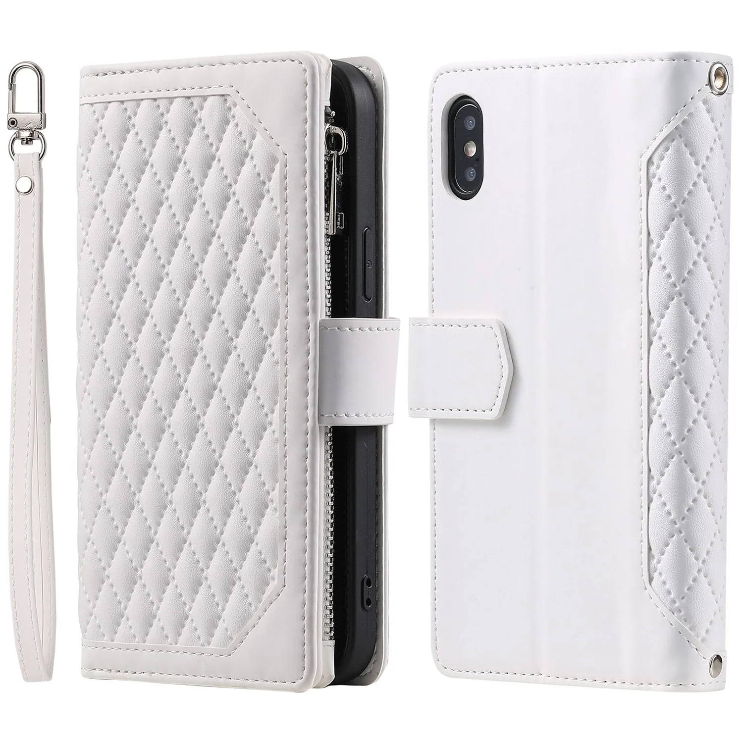 005 Style for iPhone X / XS Max 6.5 inch Rhombus Texture Stand Wallet Case Zipper Pocket PU Leather Phone Cover with Wrist Strap