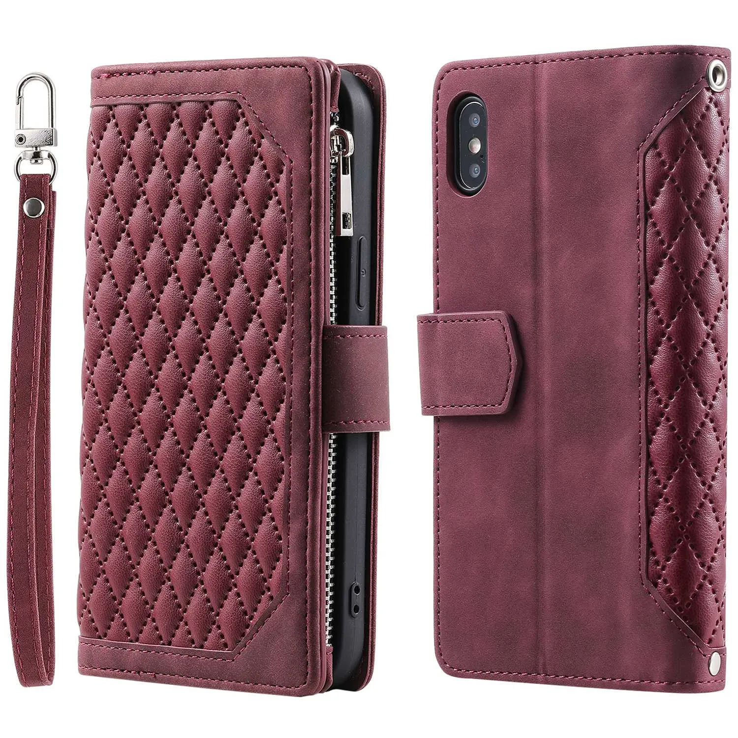 005 Style for iPhone X / XS Max 6.5 inch Rhombus Texture Stand Wallet Case Zipper Pocket PU Leather Phone Cover with Wrist Strap