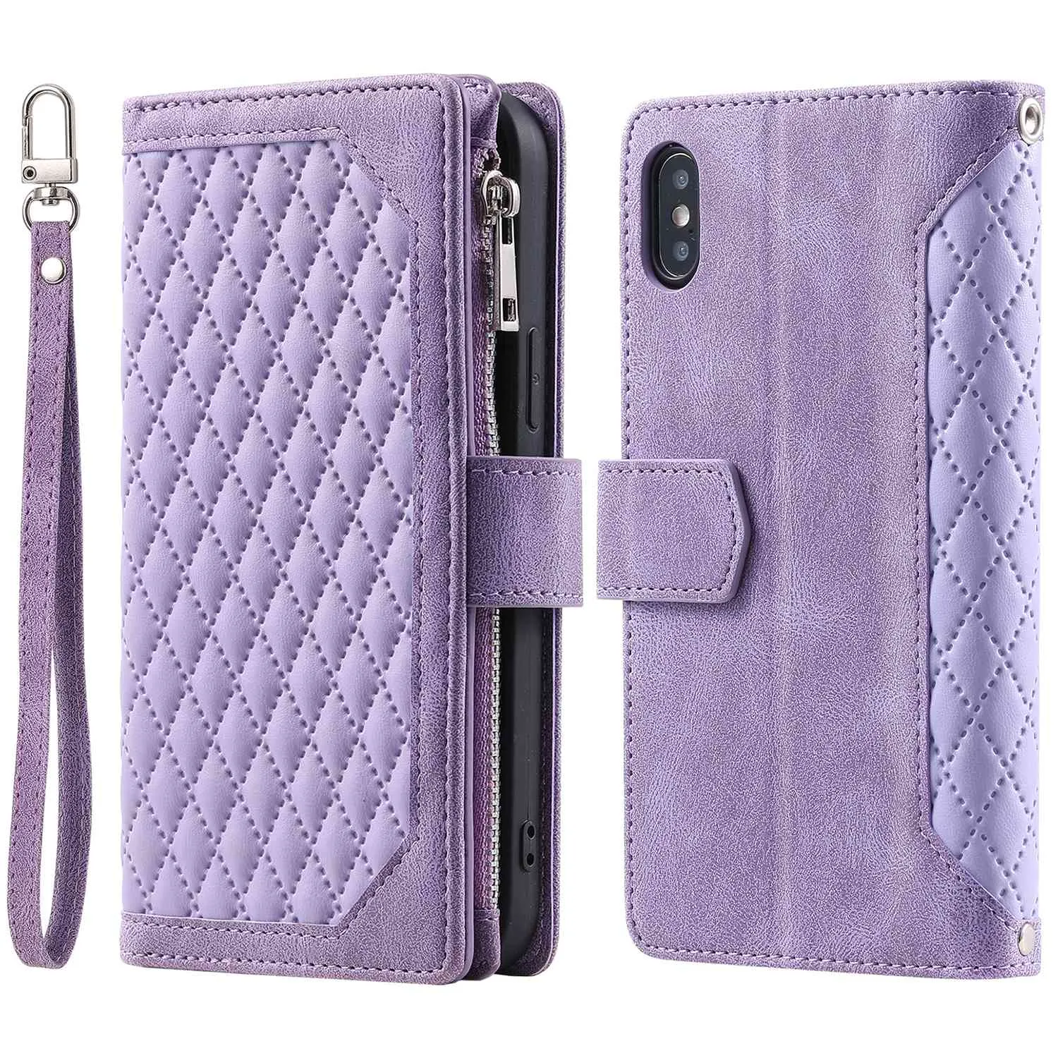 005 Style for iPhone X / XS Max 6.5 inch Rhombus Texture Stand Wallet Case Zipper Pocket PU Leather Phone Cover with Wrist Strap