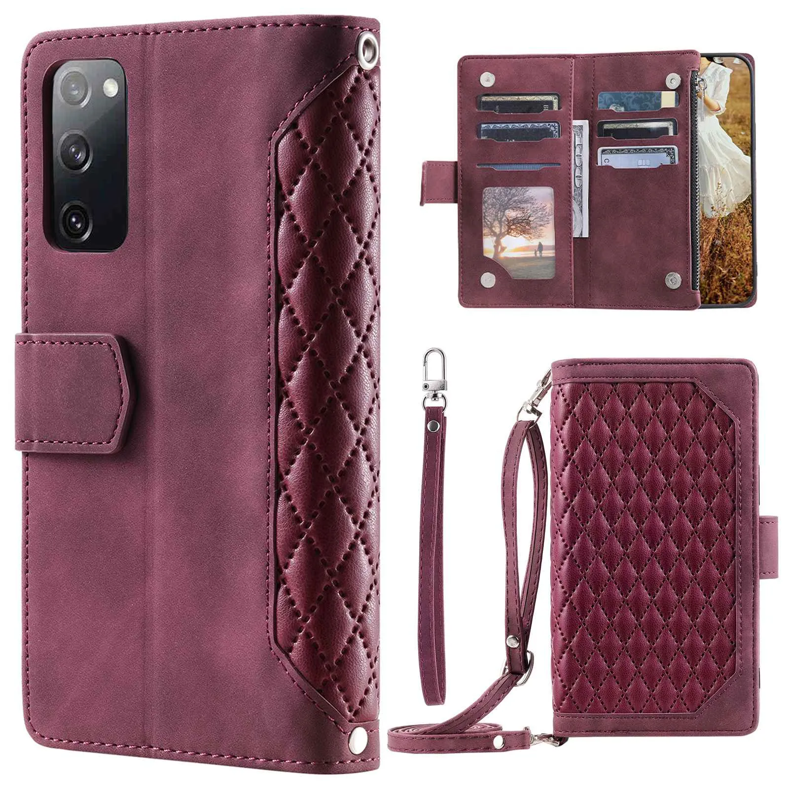 005 Style For Samsung Galaxy S20 FE 4G / 5G / S20 FE 2022 / S20 Lite, PU Leather Anti-scratch Rhombus Texture Phone Case Zipper Pocket Wallet Stand Cover with Lanyard / Strap