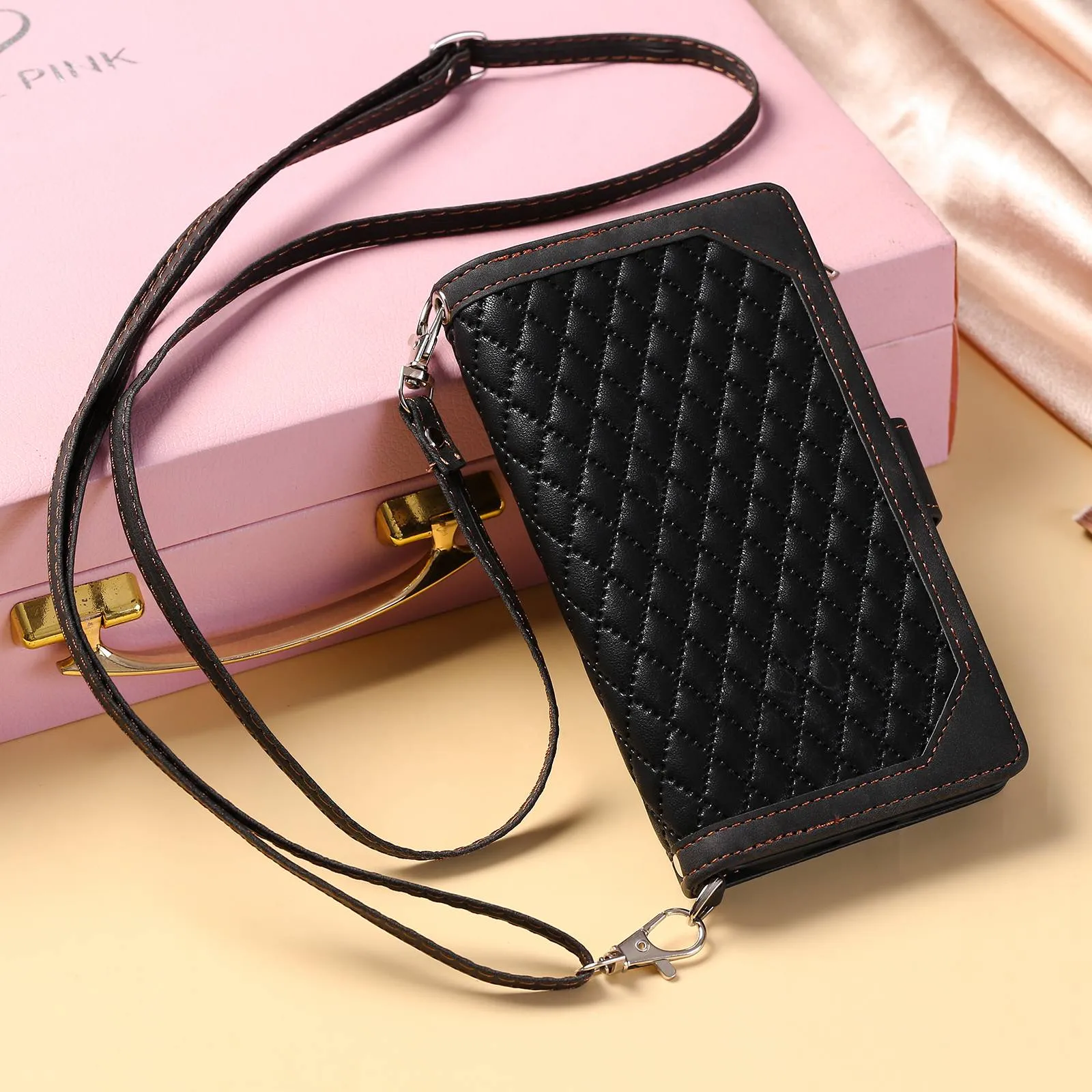 005 Style For Samsung Galaxy S20 FE 4G / 5G / S20 FE 2022 / S20 Lite, PU Leather Anti-scratch Rhombus Texture Phone Case Zipper Pocket Wallet Stand Cover with Lanyard / Strap