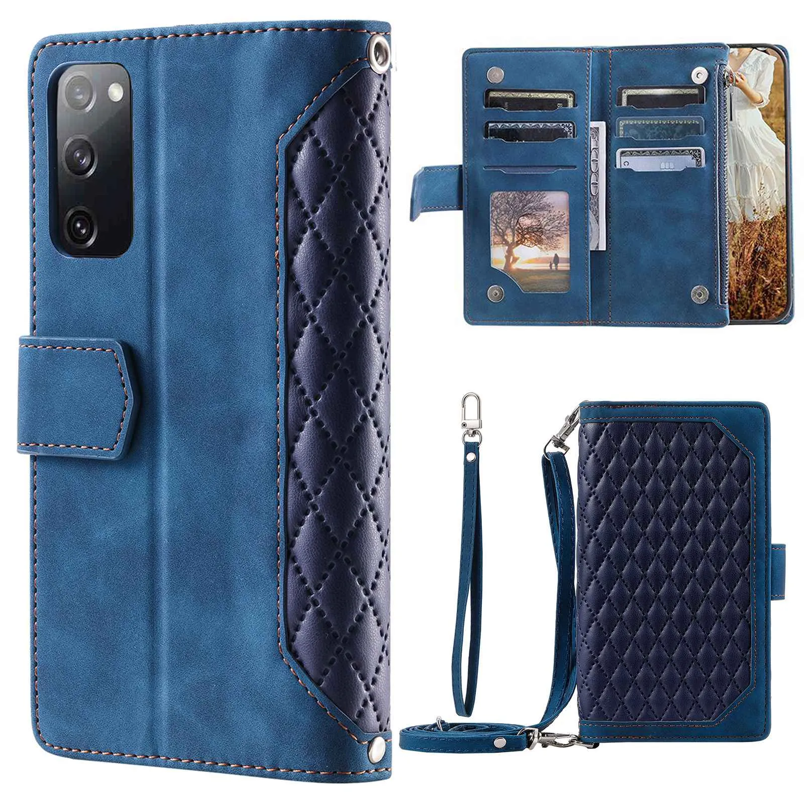 005 Style For Samsung Galaxy S20 FE 4G / 5G / S20 FE 2022 / S20 Lite, PU Leather Anti-scratch Rhombus Texture Phone Case Zipper Pocket Wallet Stand Cover with Lanyard / Strap