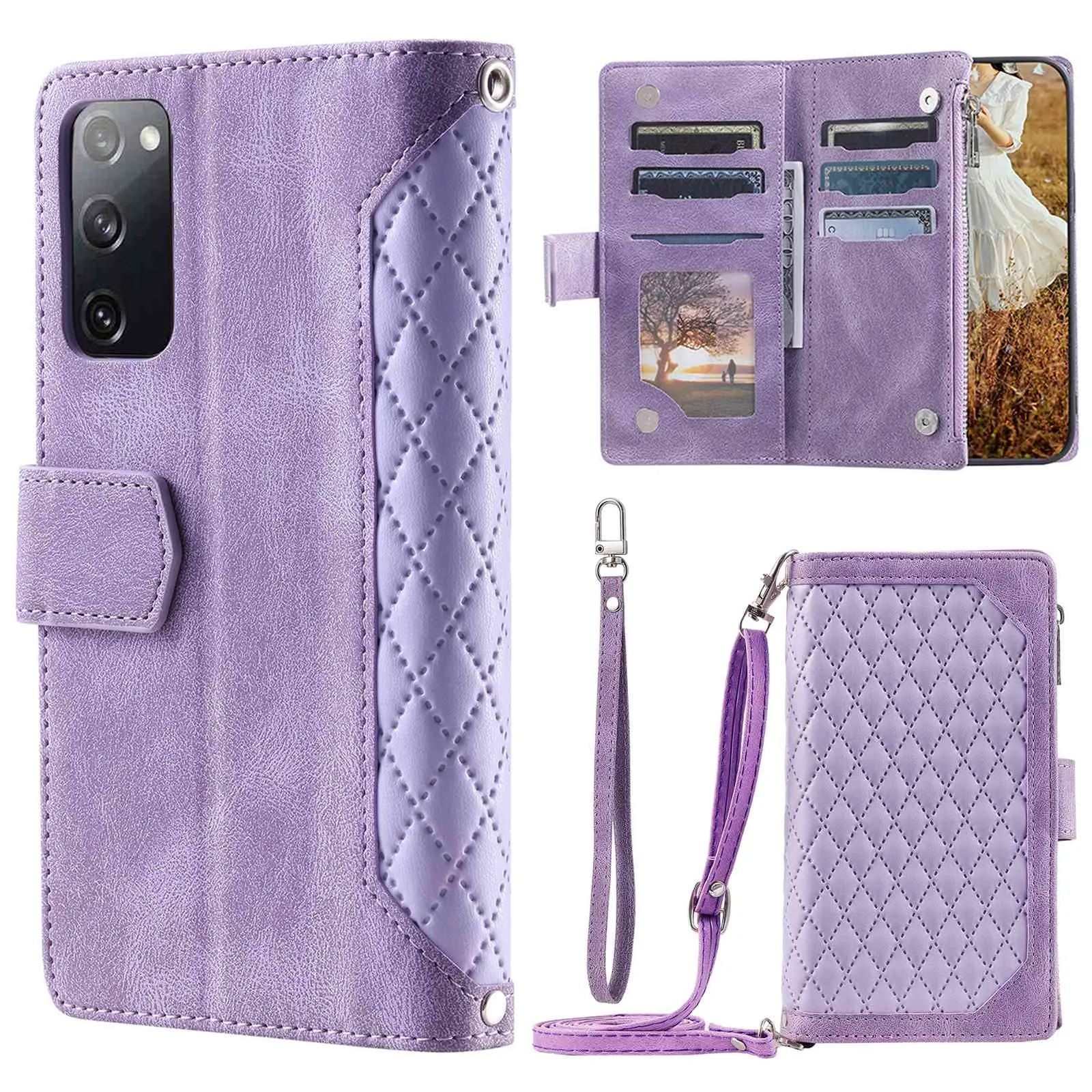 005 Style For Samsung Galaxy S20 FE 4G / 5G / S20 FE 2022 / S20 Lite, PU Leather Anti-scratch Rhombus Texture Phone Case Zipper Pocket Wallet Stand Cover with Lanyard / Strap