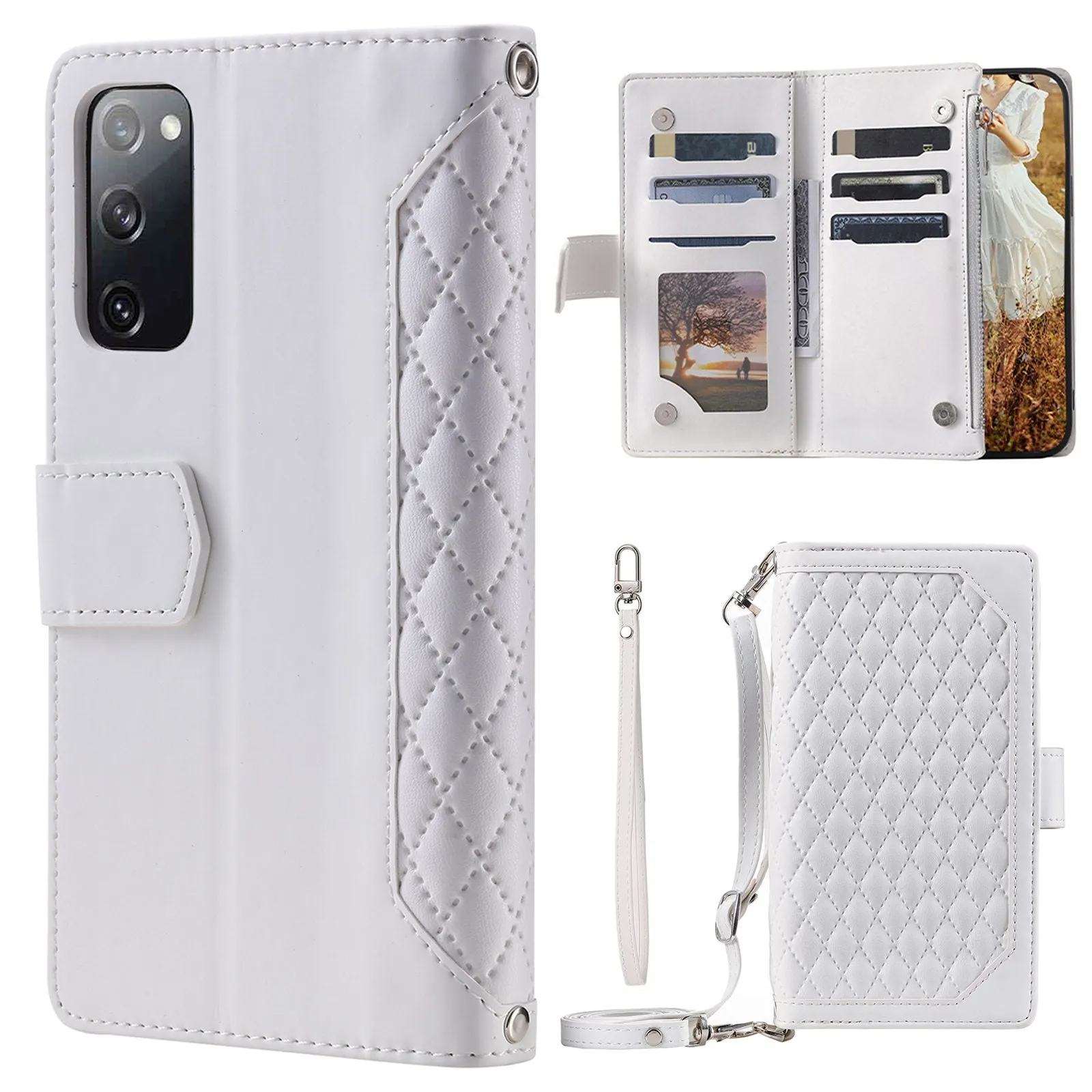 005 Style For Samsung Galaxy S20 FE 4G / 5G / S20 FE 2022 / S20 Lite, PU Leather Anti-scratch Rhombus Texture Phone Case Zipper Pocket Wallet Stand Cover with Lanyard / Strap