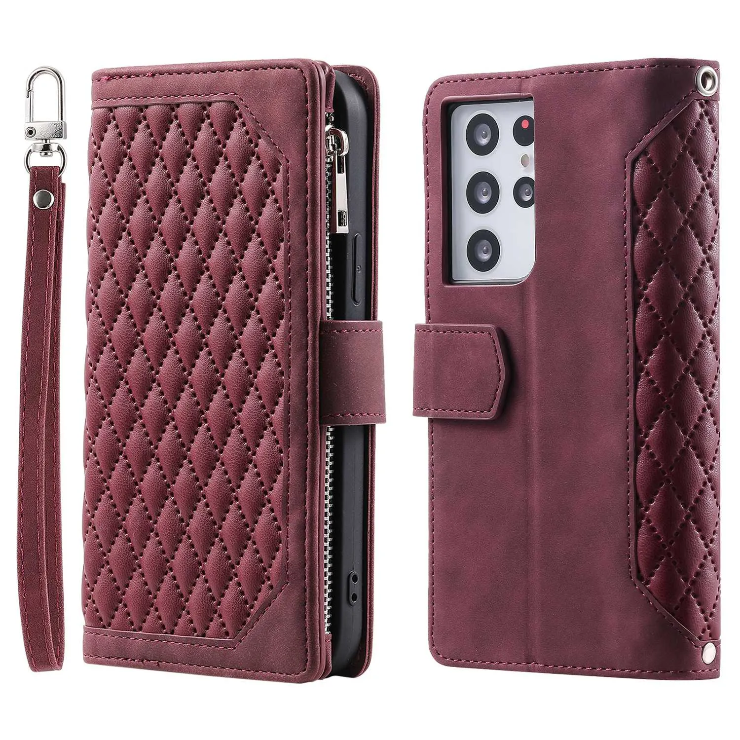 005 Style for Samsung Galaxy S21 Ultra 5G Rhombus Texture Leather Stand Case Zipper Pocket Wallet Phone Cover with Wrist Strap