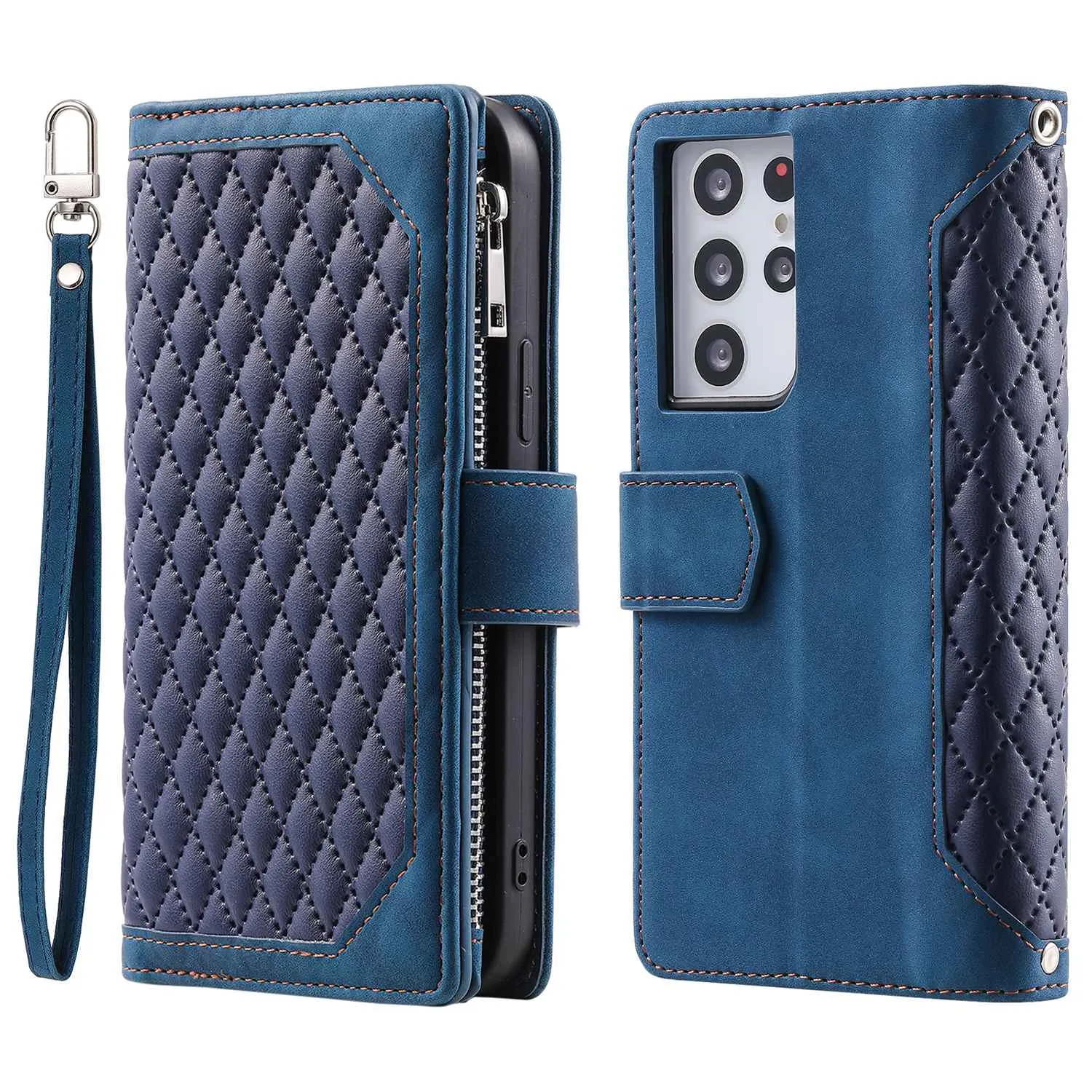 005 Style for Samsung Galaxy S21 Ultra 5G Rhombus Texture Leather Stand Case Zipper Pocket Wallet Phone Cover with Wrist Strap