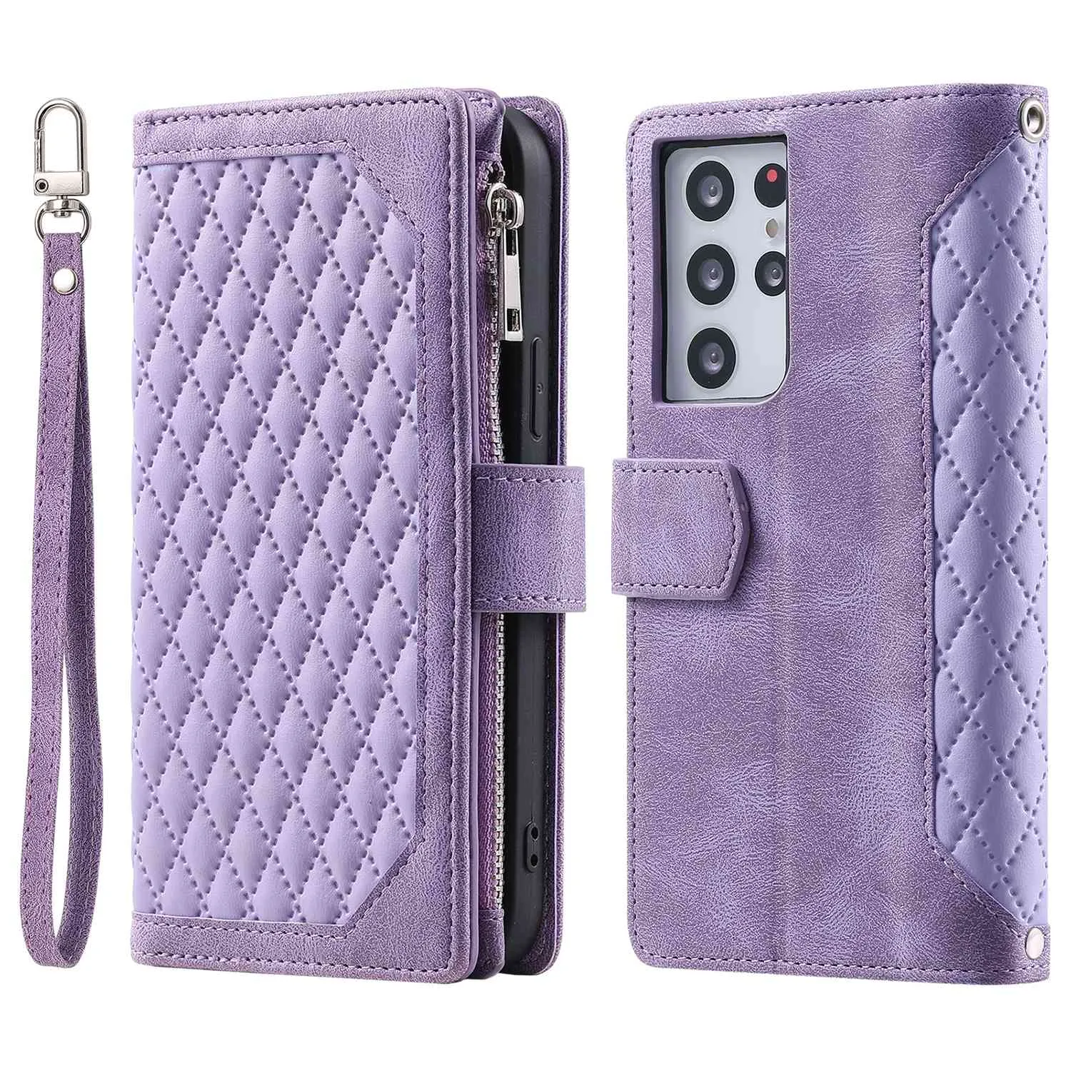 005 Style for Samsung Galaxy S21 Ultra 5G Rhombus Texture Leather Stand Case Zipper Pocket Wallet Phone Cover with Wrist Strap