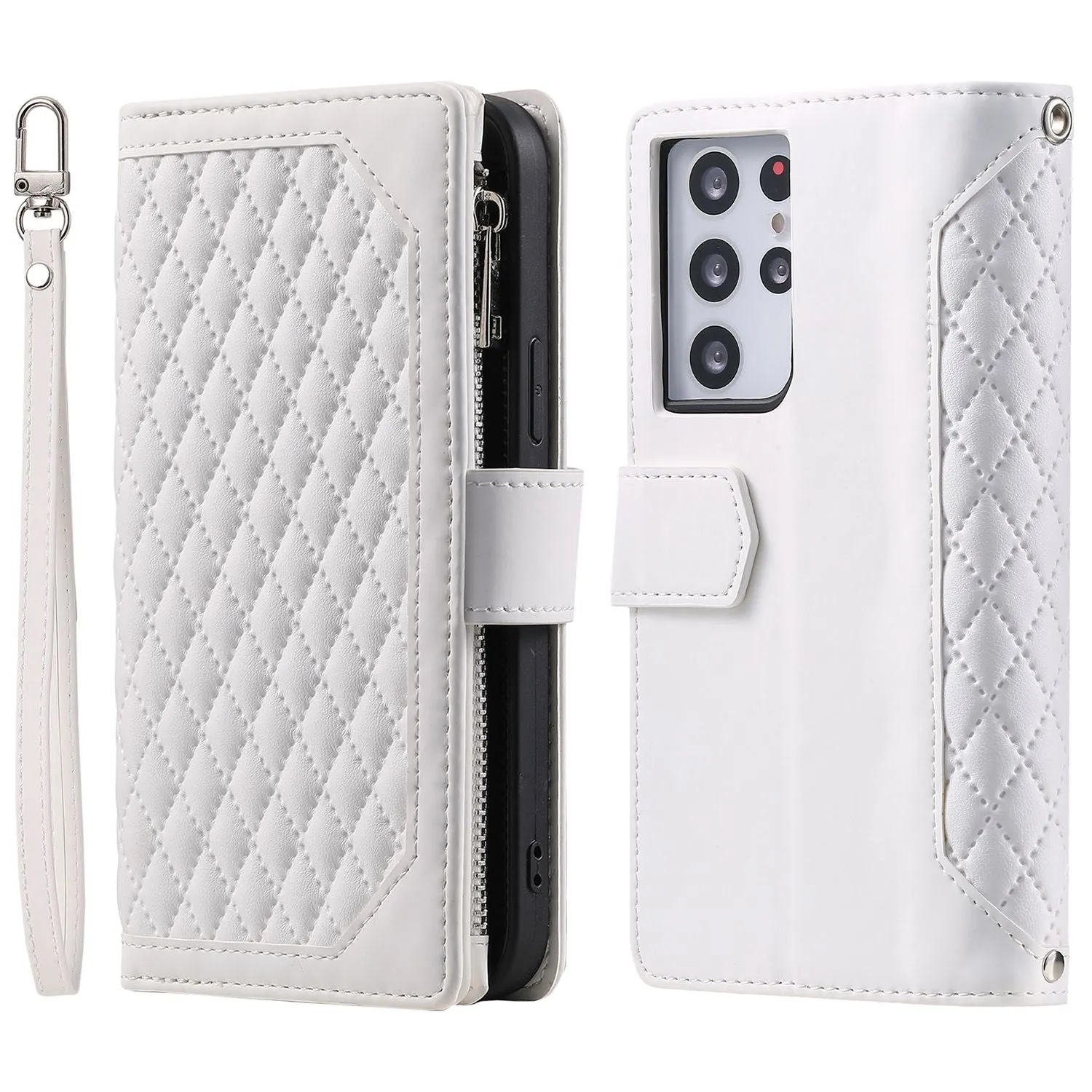 005 Style for Samsung Galaxy S21 Ultra 5G Rhombus Texture Leather Stand Case Zipper Pocket Wallet Phone Cover with Wrist Strap