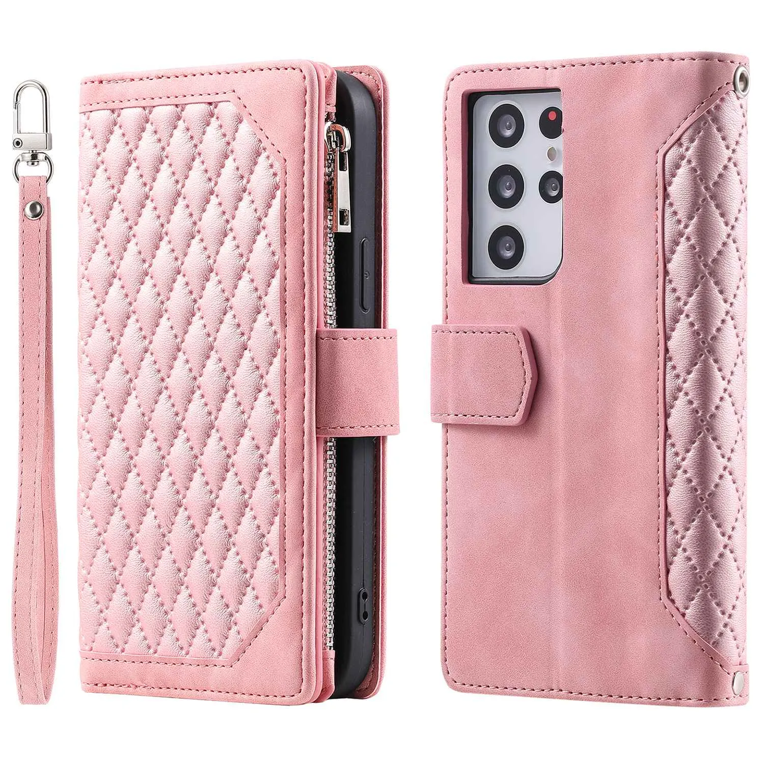 005 Style for Samsung Galaxy S21 Ultra 5G Rhombus Texture Leather Stand Case Zipper Pocket Wallet Phone Cover with Wrist Strap