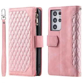 005 Style for Samsung Galaxy S21 Ultra 5G Rhombus Texture Leather Stand Case Zipper Pocket Wallet Phone Cover with Wrist Strap