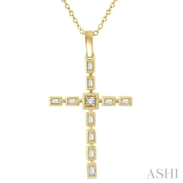 1/5 Ctw Baguette and Round Cut Diamond Cross Pendant With Chain in 10K Yellow Gold