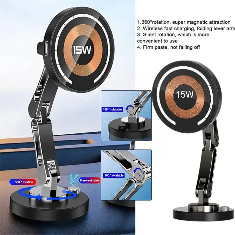 15W Magnetic Car Wireless Charger 360 Rotation 2in1 Aluminum Alloy Foldable Stand