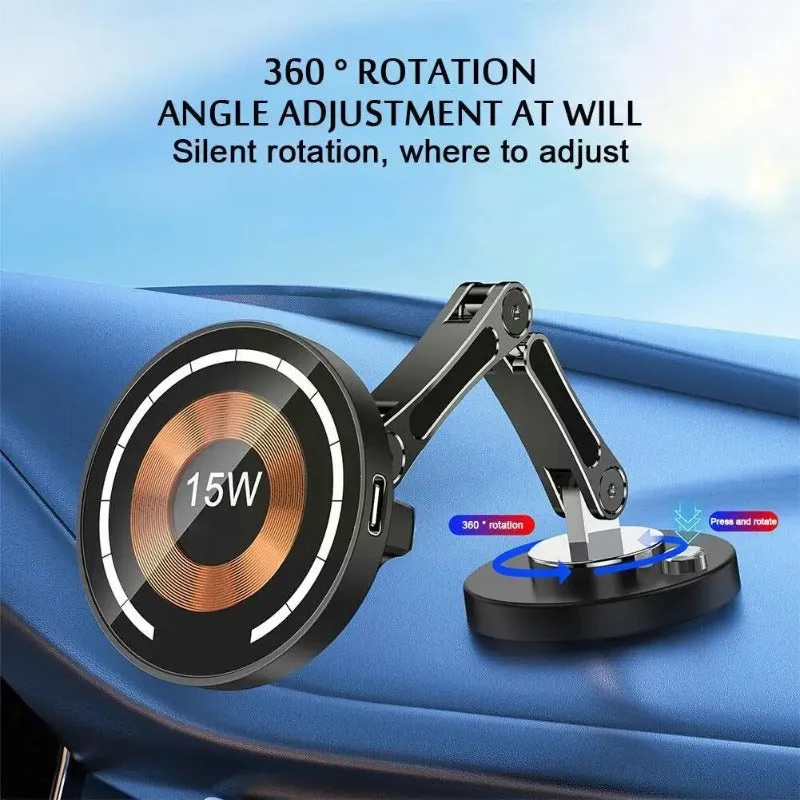 15W Magnetic Car Wireless Charger 360 Rotation 2in1 Aluminum Alloy Foldable Stand