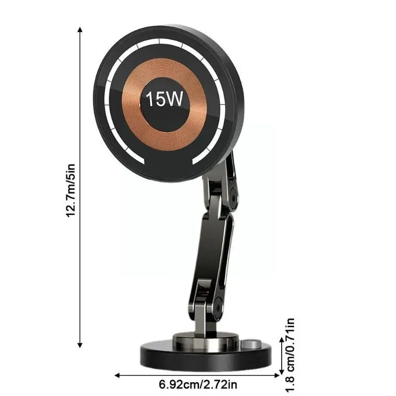 15W Magnetic Car Wireless Charger 360 Rotation 2in1 Aluminum Alloy Foldable Stand