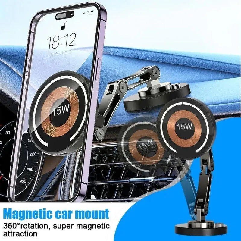 15W Magnetic Car Wireless Charger 360 Rotation 2in1 Aluminum Alloy Foldable Stand