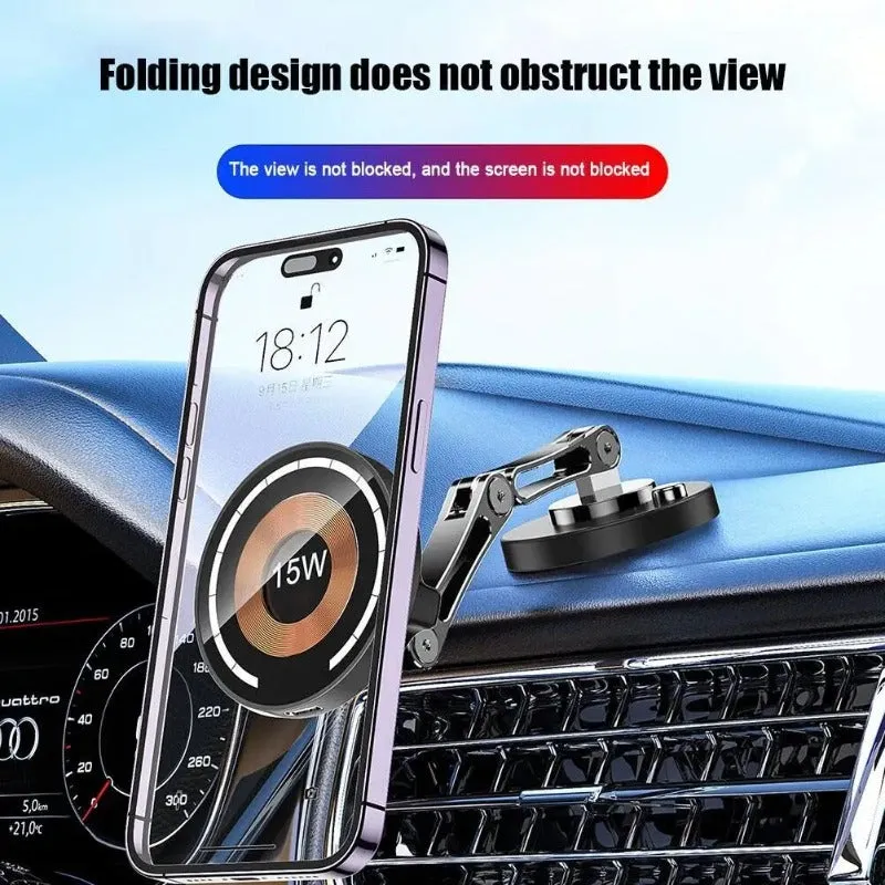 15W Magnetic Car Wireless Charger 360 Rotation 2in1 Aluminum Alloy Foldable Stand