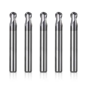 2BNC05, 1/4" Shank, 2” Overall Length, 2-Flute ball Nose, End Mills CNC Router Bits, Carbide Cutter with TiAlN Coating, For Steel, Stainless Steel Metal, Aluminum, 5pcs