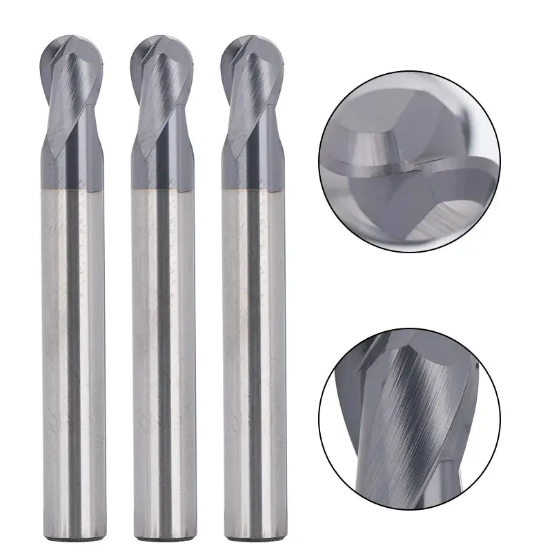 2BNC05, 1/4" Shank, 2” Overall Length, 2-Flute ball Nose, End Mills CNC Router Bits, Carbide Cutter with TiAlN Coating, For Steel, Stainless Steel Metal, Aluminum, 5pcs