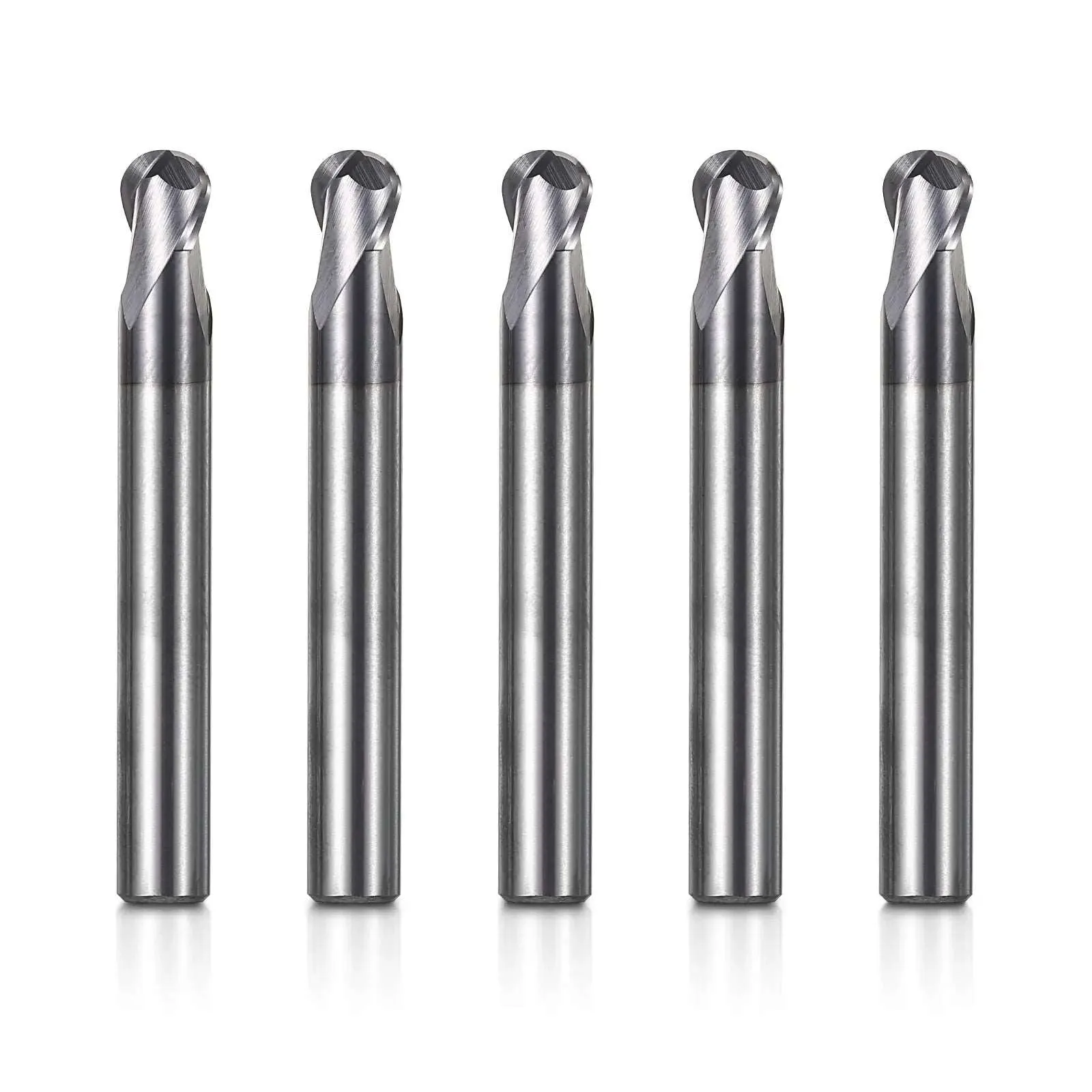 2BNC05, 1/4" Shank, 2” Overall Length, 2-Flute ball Nose, End Mills CNC Router Bits, Carbide Cutter with TiAlN Coating, For Steel, Stainless Steel Metal, Aluminum, 5pcs