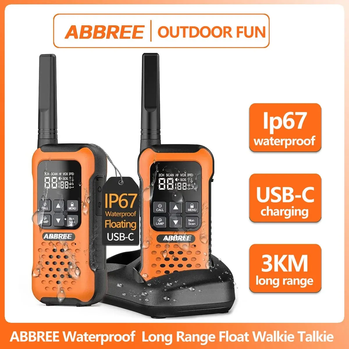 2Pcs ABBREE AR-9R Floating Walkie Talkie IP67 Waterproof Walkie-talkies PMR for Radio Motorola Fishing Kayak Two-way Radio