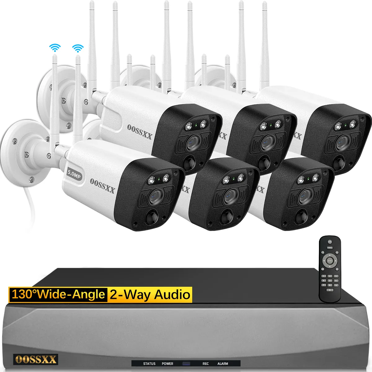 (5.0MP & PIR Detection) 2-Way Audio, Dual Antennas Security Wireless Camera System 3K 5.0MP 1944P Wireless Surveillance Monitor NVR Kits, 6Pcs Outdoor WiFi Security Cameras