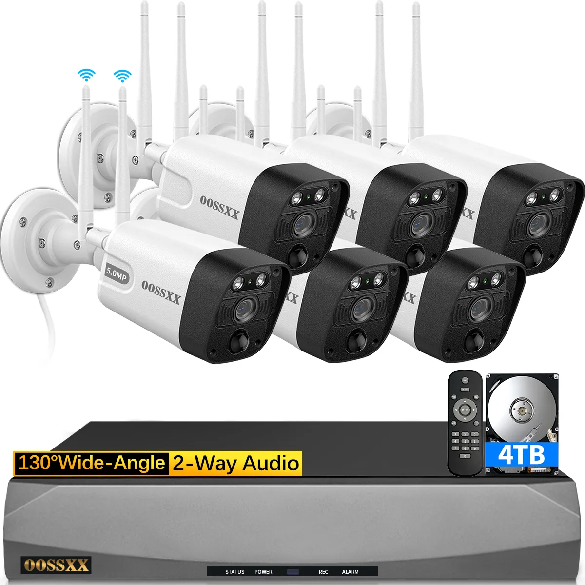 (5.0MP & PIR Detection) 2-Way Audio, Dual Antennas Security Wireless Camera System 3K 5.0MP 1944P Wireless Surveillance Monitor NVR Kits, 6Pcs Outdoor WiFi Security Cameras