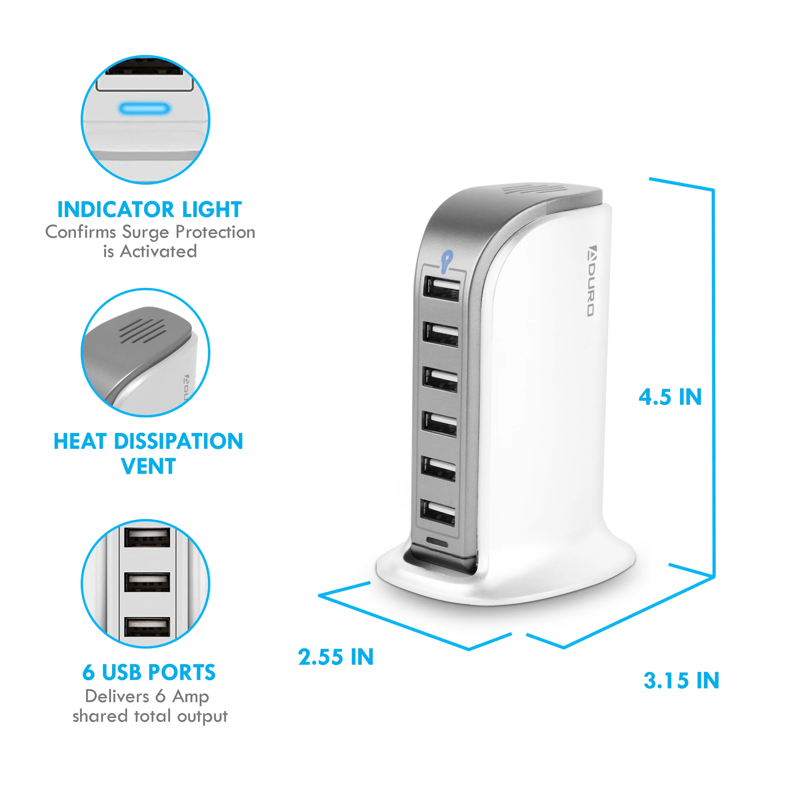 Aduro PowerUp 40W 6 Port Hub USB Charging Station