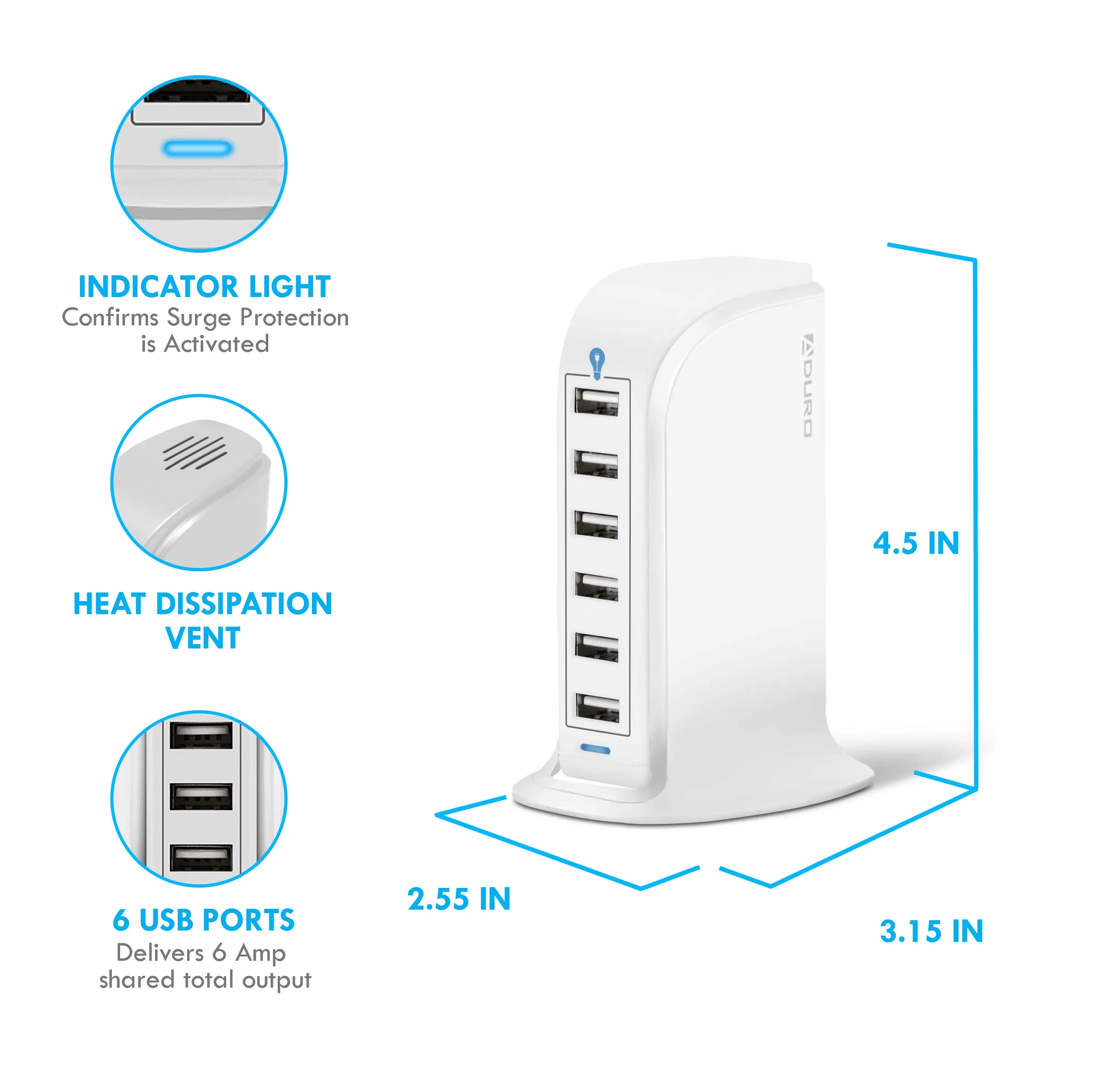 Aduro PowerUp 40W 6 Port Hub USB Charging Station