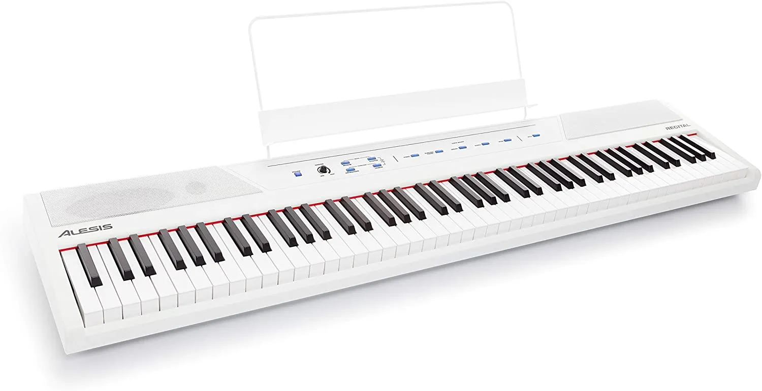 Alesis Recital Stage Piano, 88 Key Digital Electric Piano Keyboard with Semi Weighted Keys, Power Supply, Built-In Speakers, White