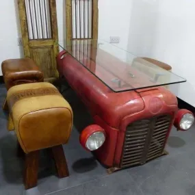 Antique Rustic Automobile Furniture - Glass Top Tractor Dining Table