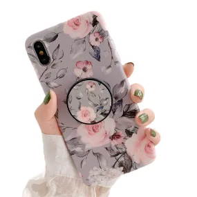 Anymob iPhone Gray Floral Ring Stand Case Back Cover Silicone Phone Cases