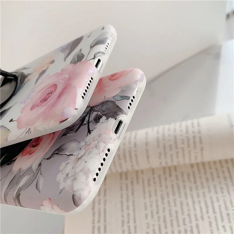 Anymob iPhone Gray Floral Ring Stand Case Back Cover Silicone Phone Cases