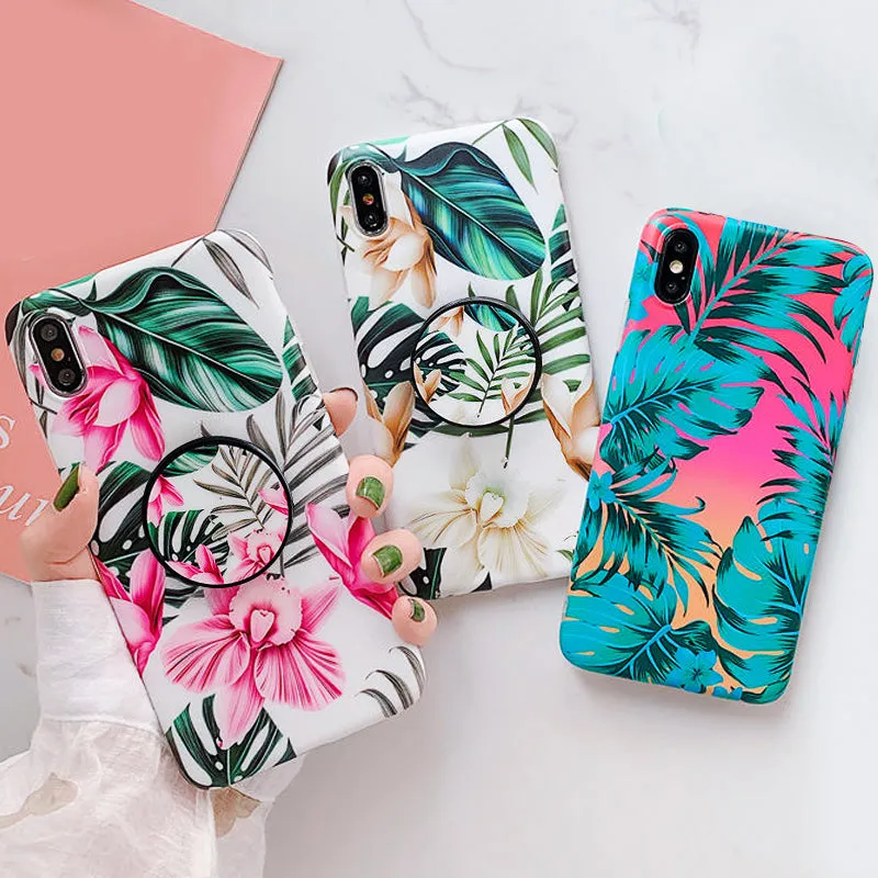 Anymob iPhone Gray Floral Ring Stand Case Back Cover Silicone Phone Cases