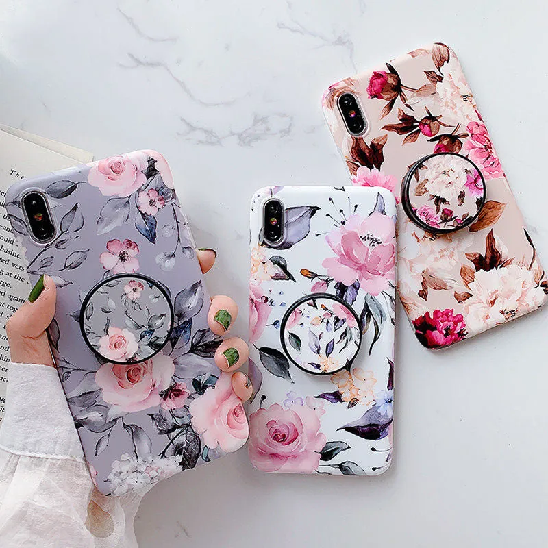 Anymob iPhone Gray Floral Ring Stand Case Back Cover Silicone Phone Cases