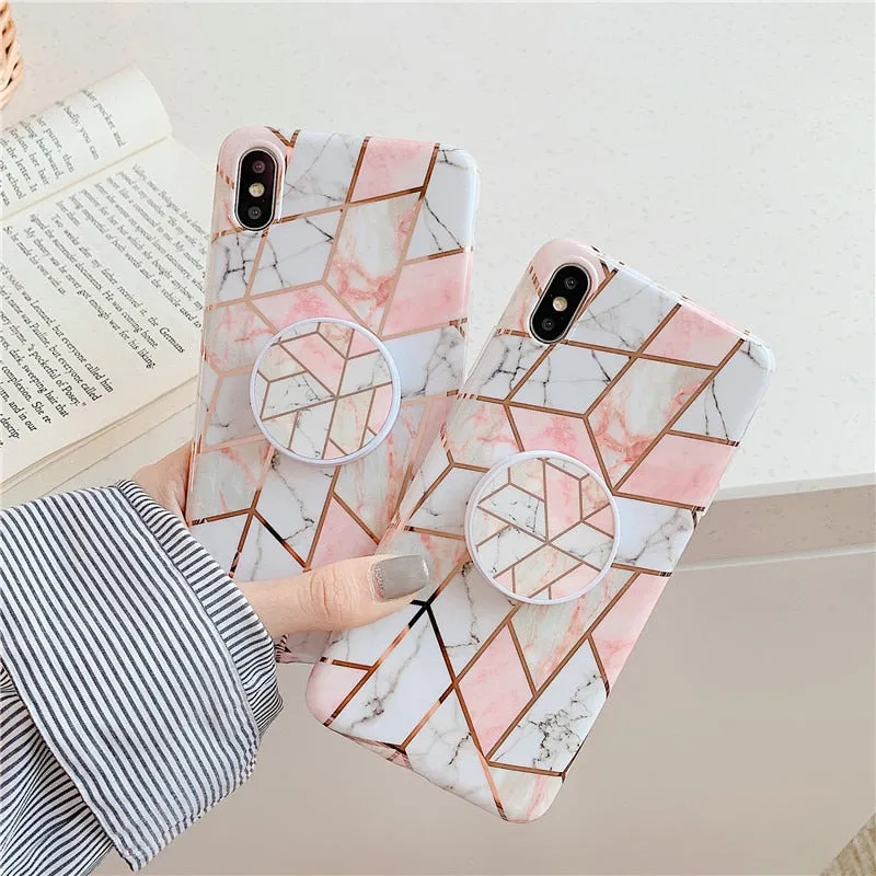 Anymob iPhone Orange Holder Stand Case Back Cover Marble Art Silicone Phone Cover