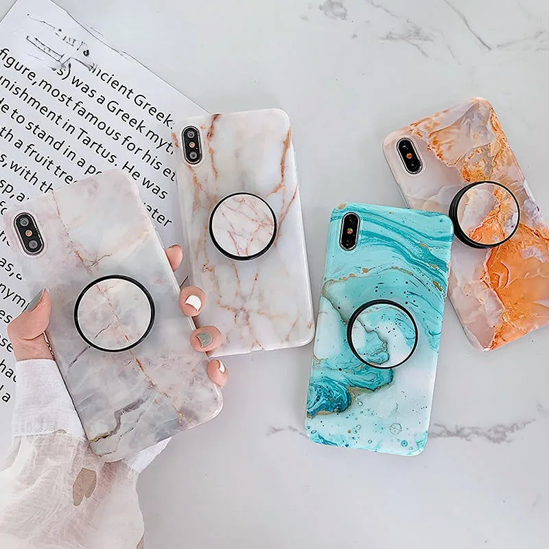 Anymob iPhone Orange Holder Stand Case Back Cover Marble Art Silicone Phone Cover