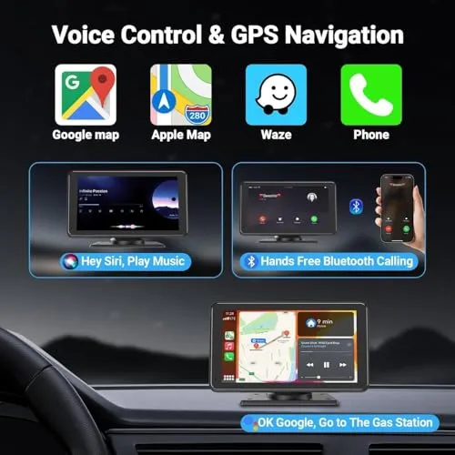 Apple Carplay Wireless Portable Touchscreen Car Stereo Bluetooth Voice Control 7" Apple Car Play & Android Auto Car Audio HD Screen with 1080p Backup Camera GPS Navigation/Mirror Link Fits All Cars