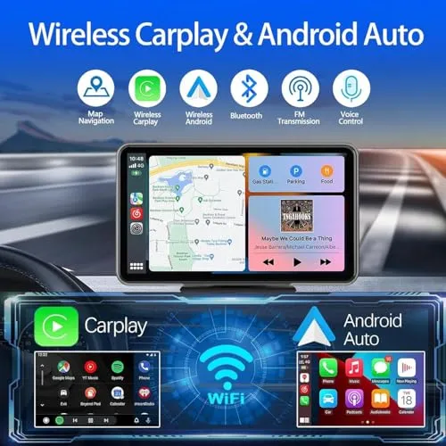 Apple Carplay Wireless Portable Touchscreen Car Stereo Bluetooth Voice Control 7" Apple Car Play & Android Auto Car Audio HD Screen with 1080p Backup Camera GPS Navigation/Mirror Link Fits All Cars