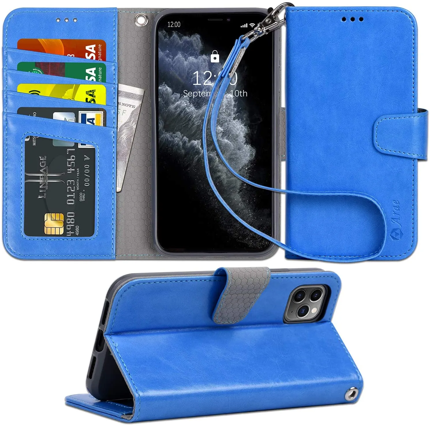 Arae for iPhone 11 Pro Max Case with Credit Card Holder and Wrist Strap