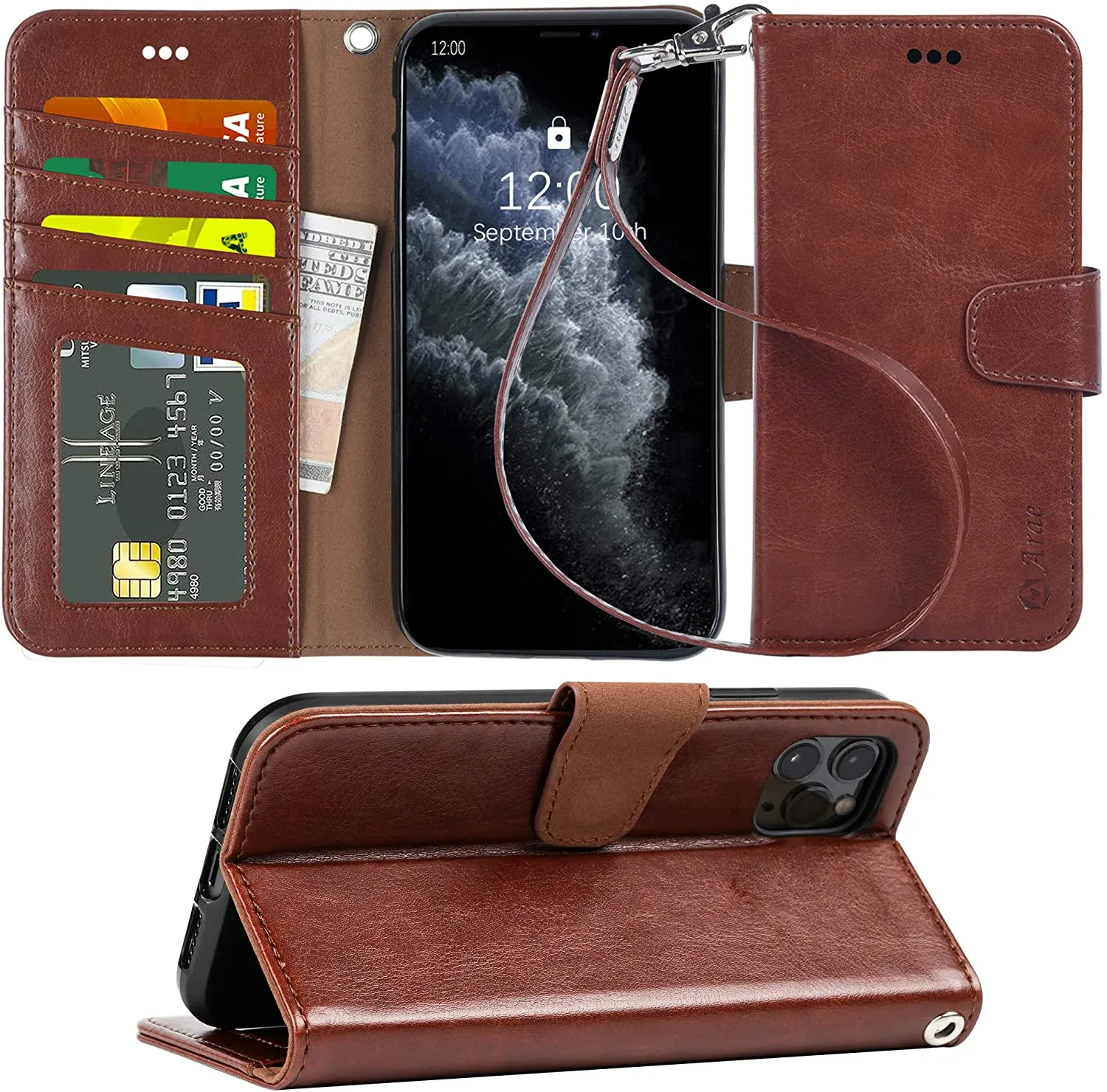 Arae for iPhone 11 Pro Max Case with Credit Card Holder and Wrist Strap