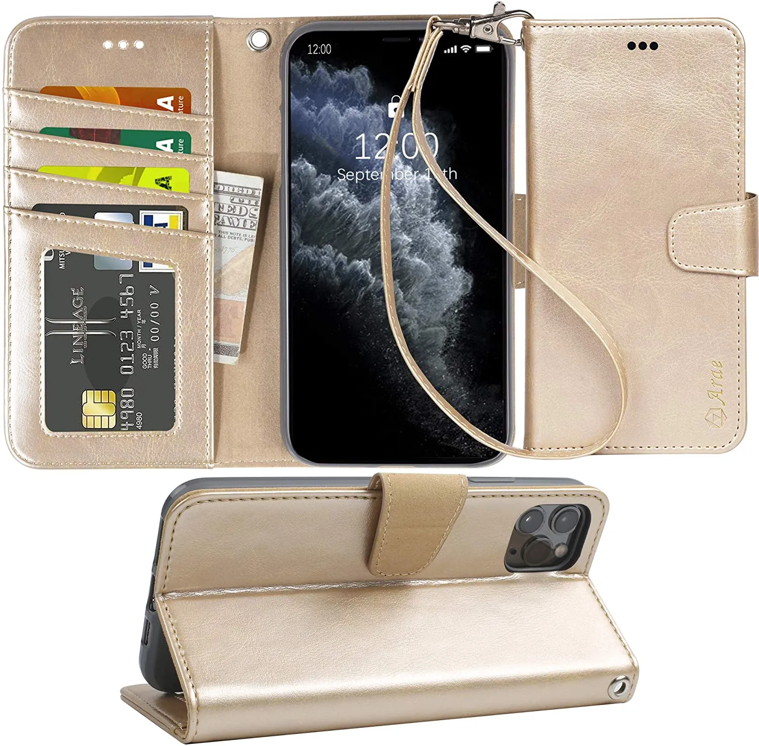 Arae for iPhone 11 Pro Max Case with Credit Card Holder and Wrist Strap